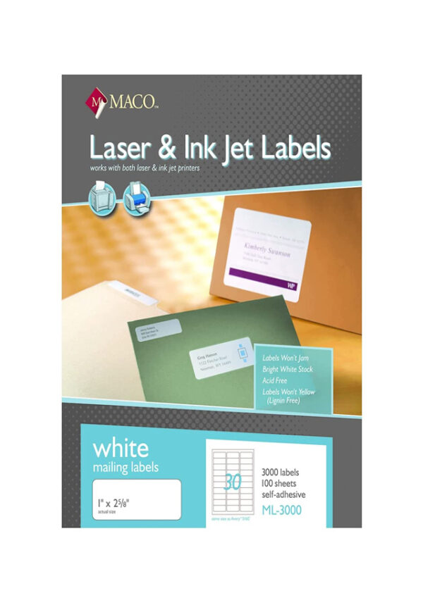 Etiqueta Adhesiva Láser y Tinta Inkjet MACO 1 x 2 5/8 ML3000